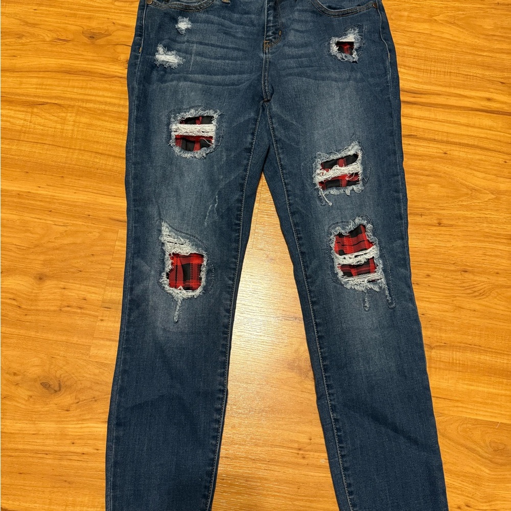 Judy Blue Distressed Skinny Jeans with Red Plaid
